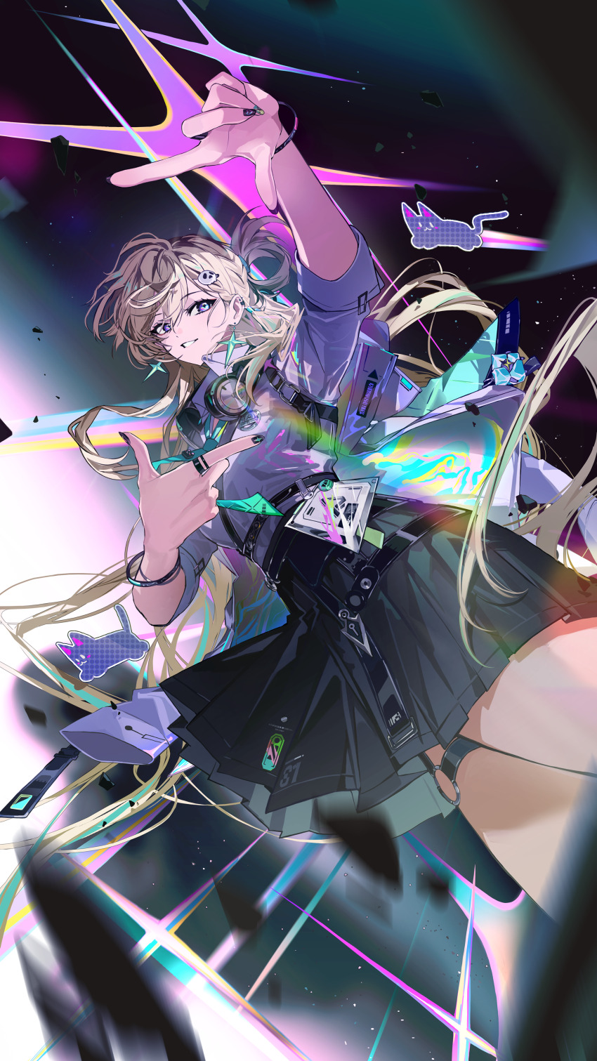 1girl, absurdres, aqua_necktie, black_nails, black_skirt, blonde_hair, braid, braided_bangs