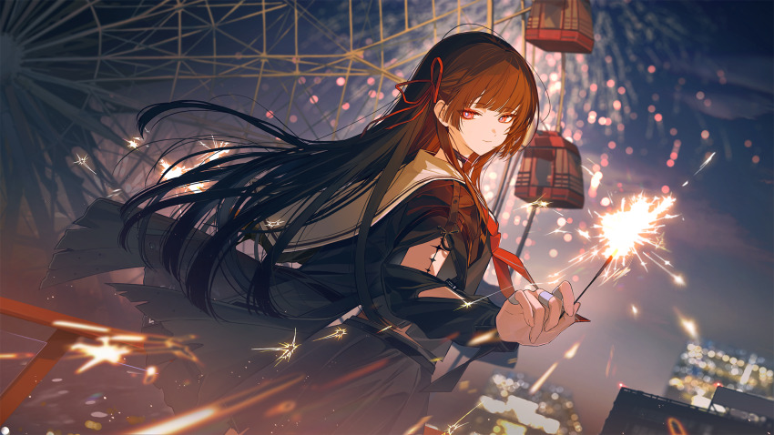 1girl, aerial_fireworks, arm_cutout, black_hair, black_jacket, black_serafuku, black_skirt, chinese_commentary