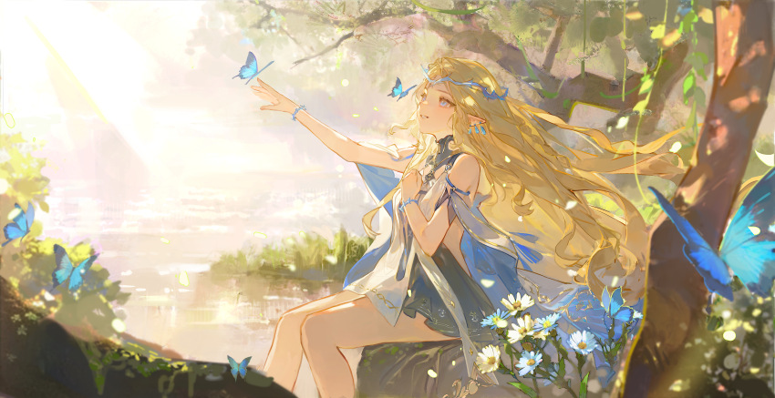 1girl, absurdres, ali_duo_mu, bare_shoulders, black_dress, blonde_hair, blue_butterfly, blue_eyes