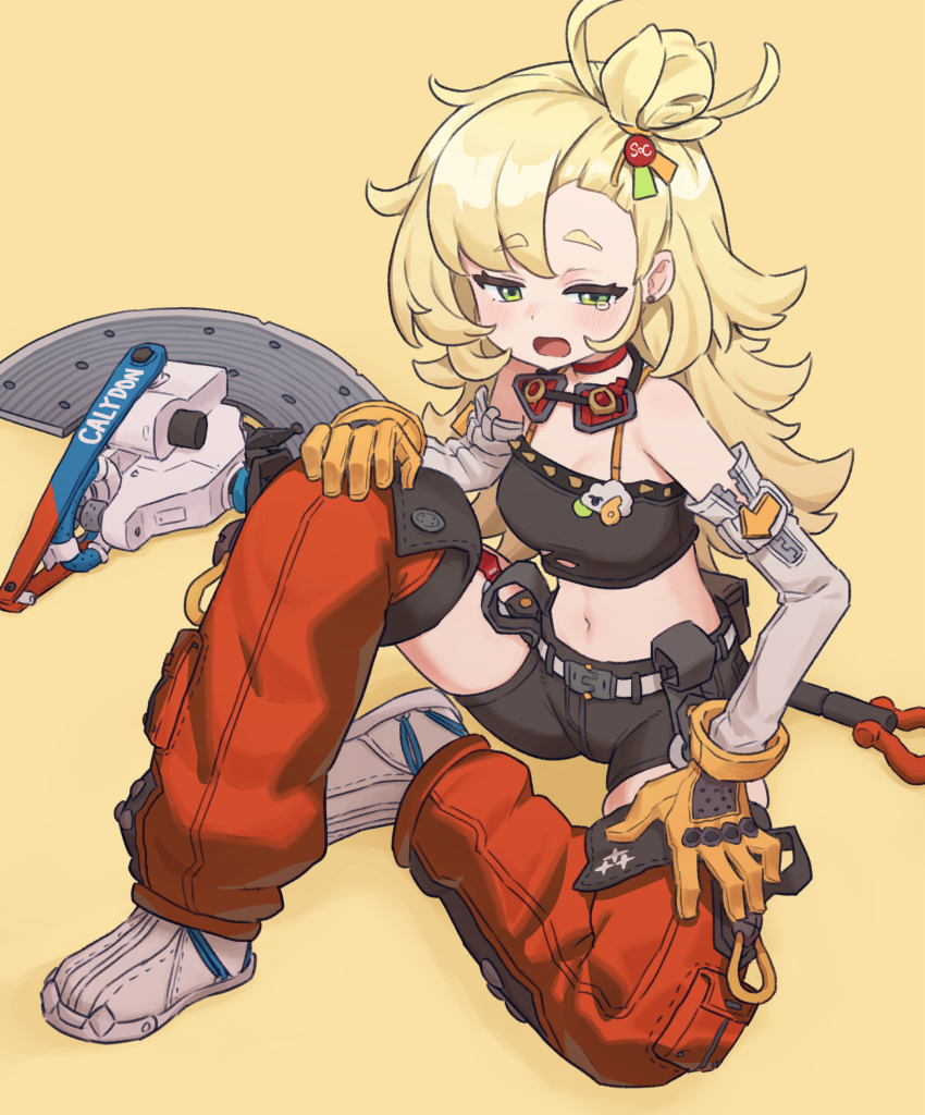 1girl, absurdres, bare_shoulders, black_shirt, black_shorts, blonde_hair, blush, commentary_request