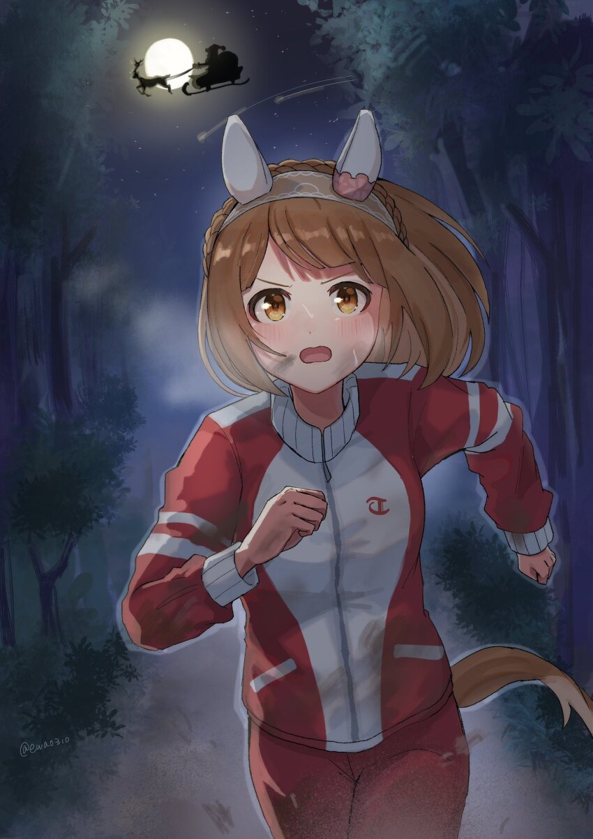 1boy, 1girl, alternate_costume, animal_ears, blunt_bangs, blush, breasts, brown_eyes