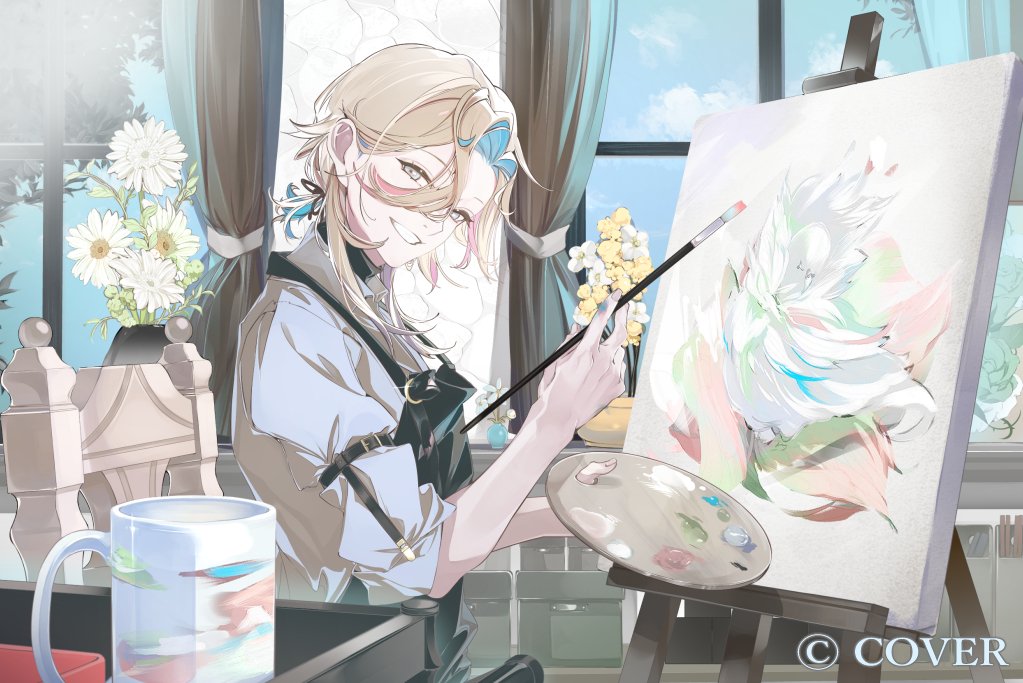 1boy, apron, aqua_flower, black_apron, black_shirt, blonde_hair, blue_hair, box