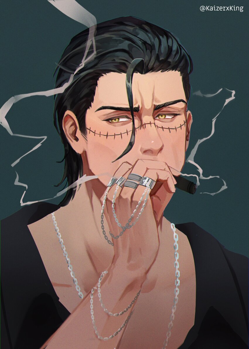 1boy, absurdres, black_hair, cigar, commentary_request, crocodile_(one_piece), hair_slicked_back, highres