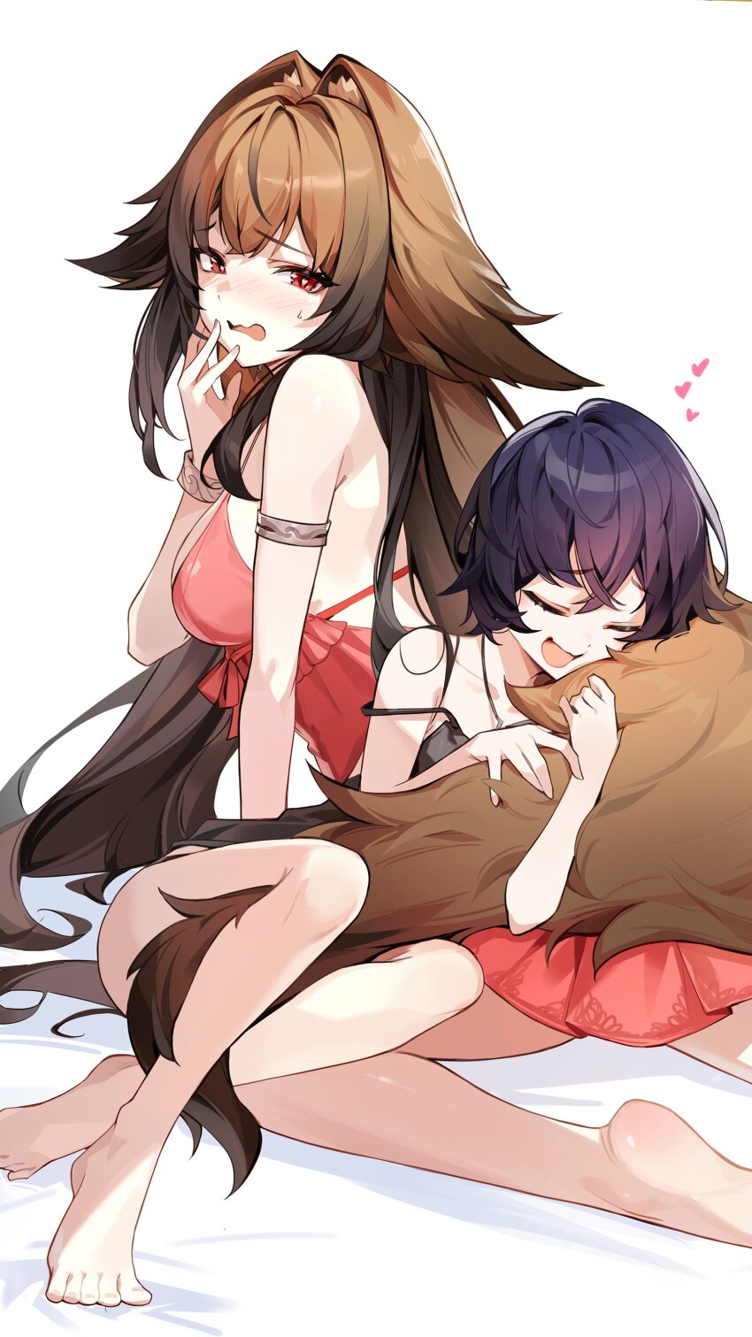 2girls, absurdres, alternate_costume, armlet, barefoot, belle_(zenless_zone_zero), blue_hair, blush