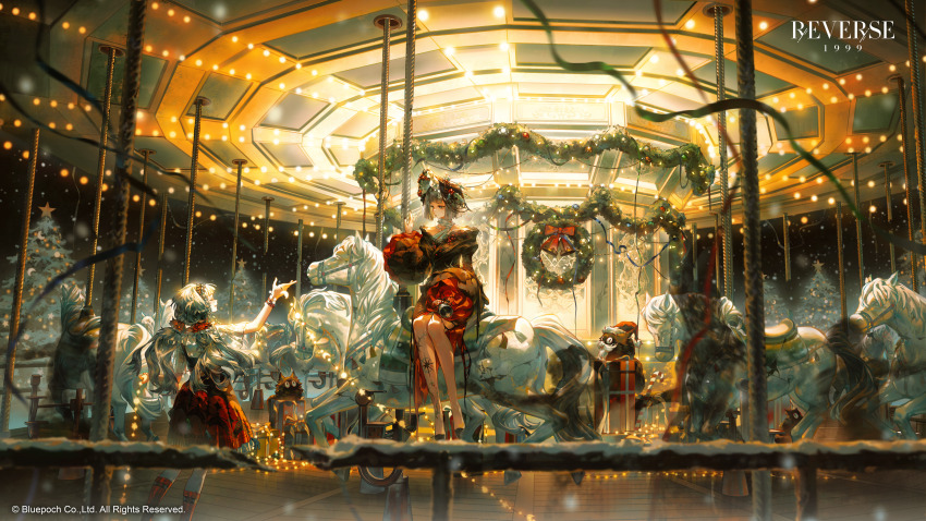 2girls, absurdres, bell, carbuncle_(reverse:1999), carousel, christmas, christmas_ornaments, christmas_tree, english_text, fake_beard, fake_facial_hair, hat, highres, holding, holding_bell, holding_pole, horseback_riding, mercuria_(reverse:1999), multiple_girls, official_alternate_costume, official_art, pole, reverse:1999, riding, rubuska, santa_hat, snowing, white_horse