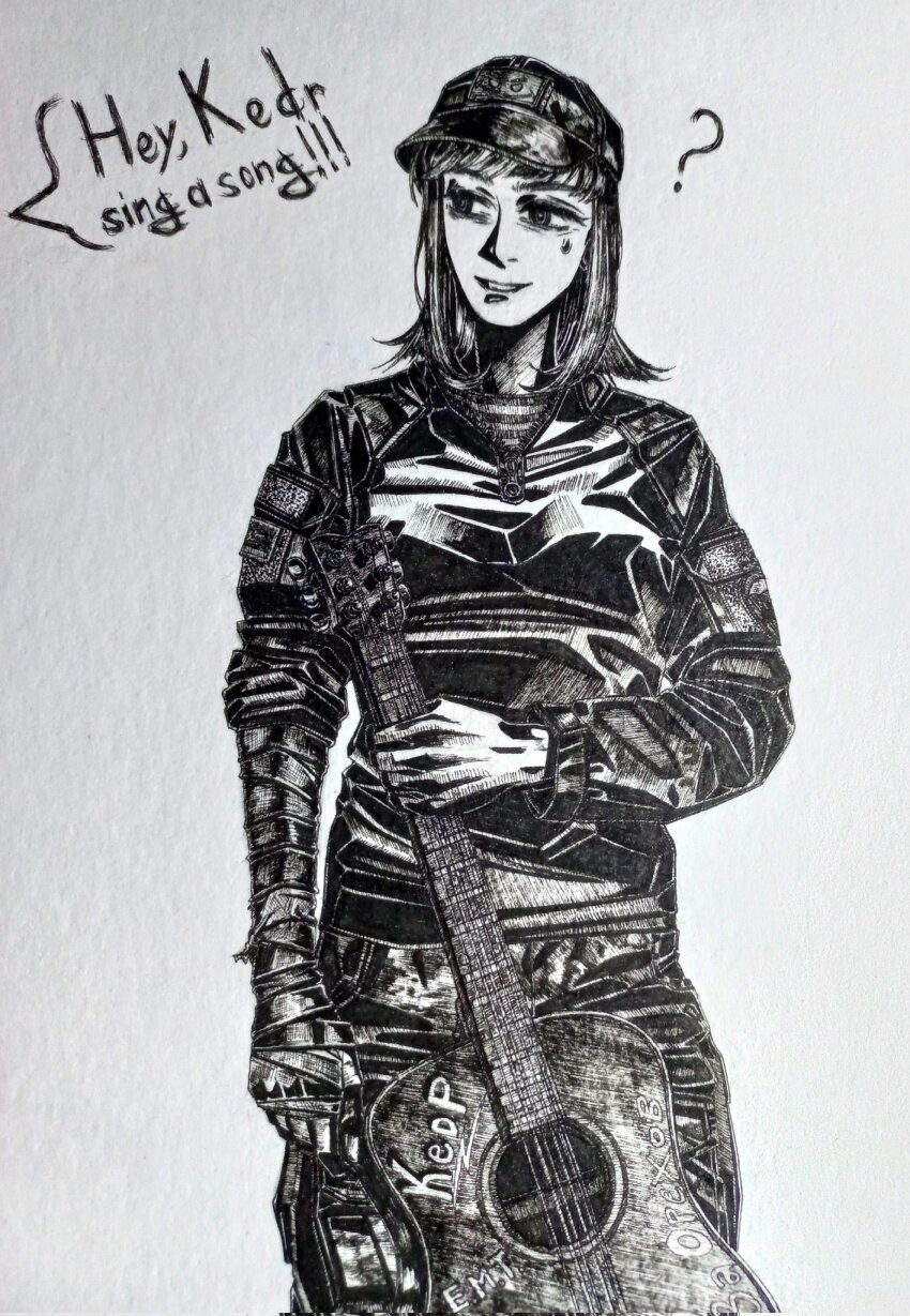 1girl, ?, bandaged_arm, bandaged_hand, bandages, black_hat, bordfunker133, camouflage, camouflage_pants, confused, digital_camouflage, gloves, greyscale, guitar, hat, highres, holding, holding_guitar, holding_instrument, instrument, jacket, knee_guards, long_hair, monochrome, nervous_sweating, olga_stashkina, original, pants, patch, photo_(medium), russian_ground_forces, russo-ukrainian_war, shirt, shoulder_patch, soldier, solo, spoken_question_mark, standing, striped_clothes, striped_shirt, sweat, telnyashka, vdv