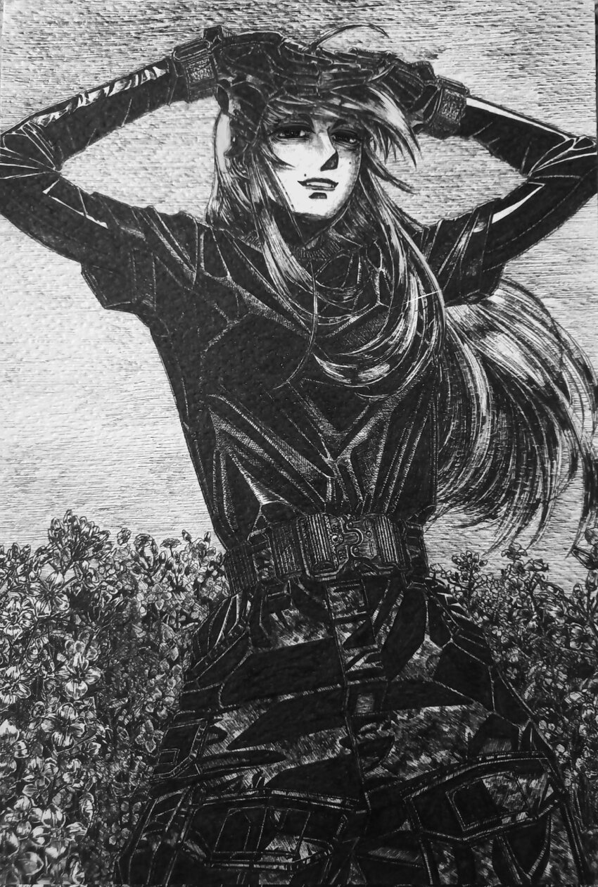 1girl, arms_up, belt, high-waist_belt, black_jacket, bordfunker133, camouflage, camouflage_pants