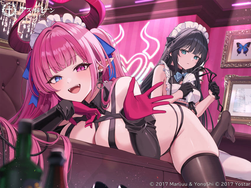 2girls, azur_lane, black_gloves, black_hair, black_thighhighs, clarence_k._bronson_(azur_lane), clarence_k._bronson_(special_functional_testing)_(azur_lane), closed_mouth