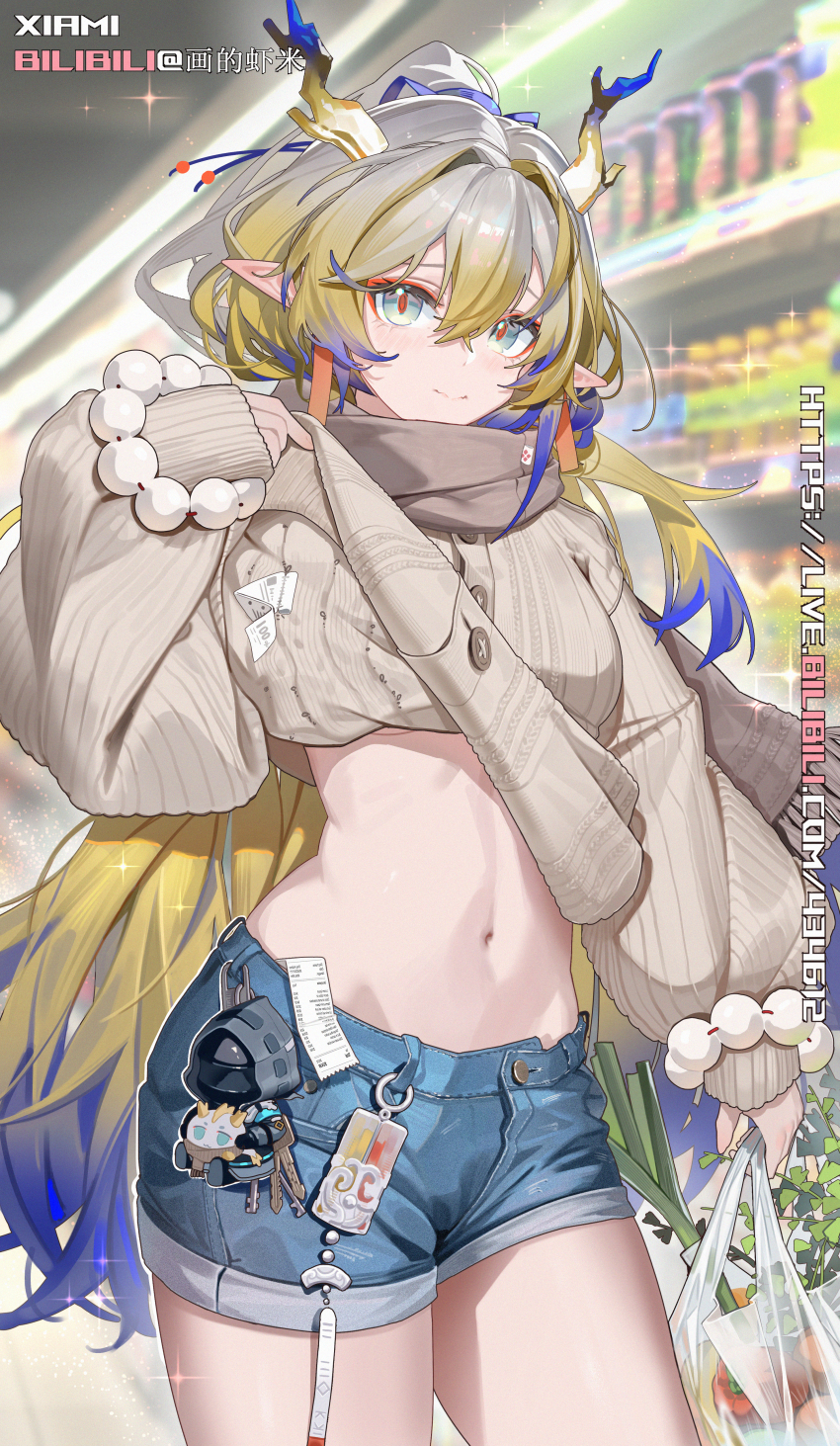 1girl, absurdres, antlers, arknights, bag, blonde_hair, blue_ribbon, blue_shorts, brown_scarf, charm_(object), closed_mouth, clothes_lift, clothing_tag, commentary_request, denim, denim_shorts, doctor_(arknights), dynamic_pose, enpera, food, glowing, gradient_hair, groceries, grocery_store, hair_ribbon, highres, holding, holding_bag, horns, huade_xiami, indoors, key, long_sleeves, looking_at_viewer, midriff, multicolored_hair, navel, outdoors, plastic_bag, pointy_ears, ribbon, scarf, shopping_bag, shorts, shorts_rolled_up, shu_(arknights), sleeves_past_wrists, solo, sparkle, spring_onion, stuffed_toy, supermarket, sweater, sweater_lift, upper_body, vegetable, watermark, web_address