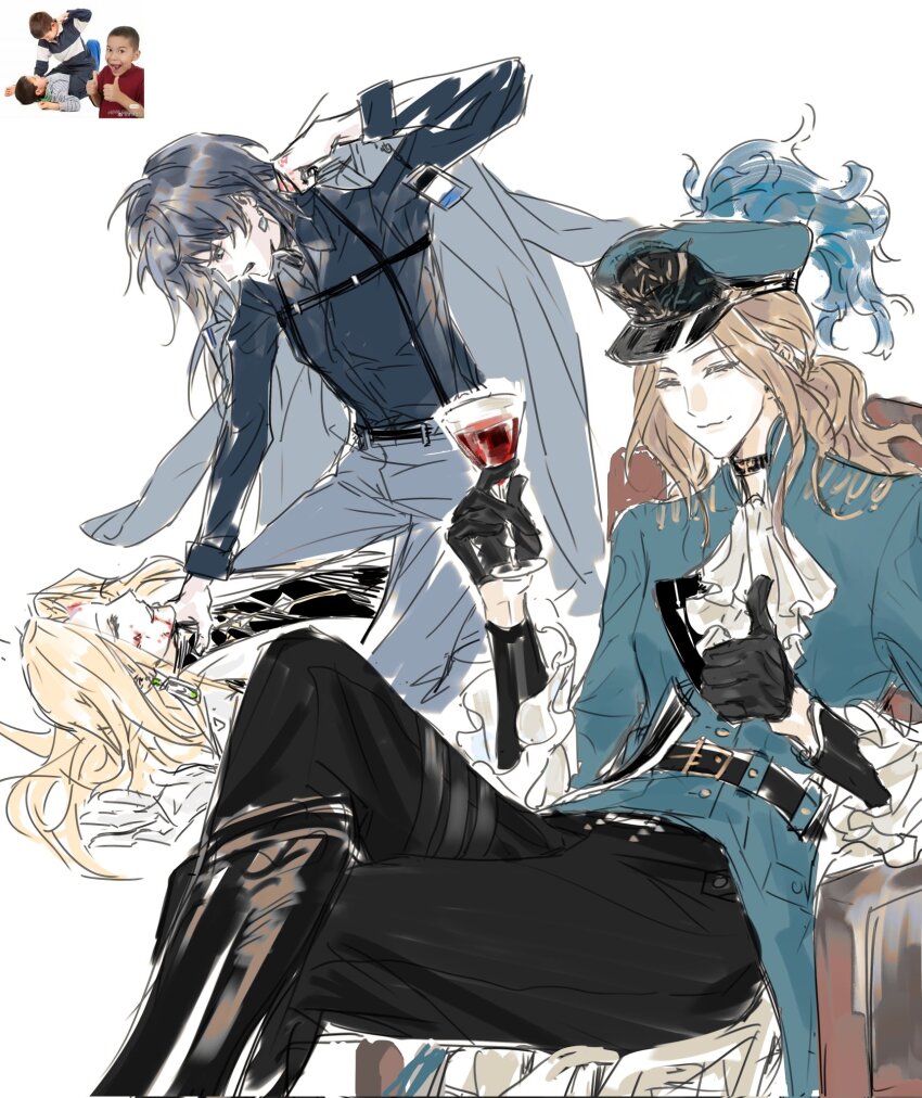 3girls, augustus_(path_to_nowhere), chief_(path_to_nowhere), commentary, czyw01, double_thumbs_up, female_chief_(path_to_nowhere), highres, incoming_attack, langley_(path_to_nowhere), meme, multiple_girls, path_to_nowhere, photo-referenced, photo_inset, punching, thumbs_up, untranslatable_commentary, white_background