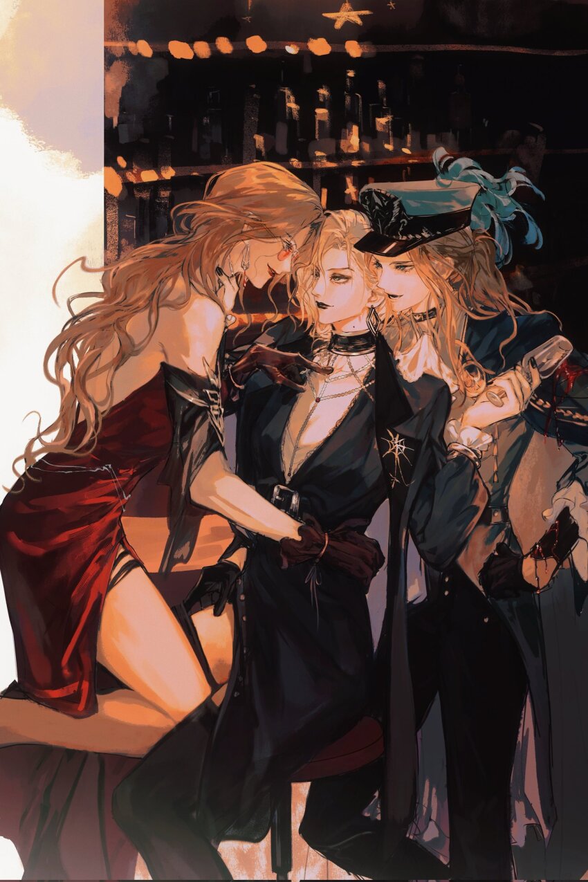 3girls, augustus_(path_to_nowhere), backless_dress, backless_outfit, bar_(place), blonde_hair, commentary, czyw01, dress, hat, highres, langley_(path_to_nowhere), looking_at_another, multiple_girls, path_to_nowhere, untranslatable_commentary, yuri