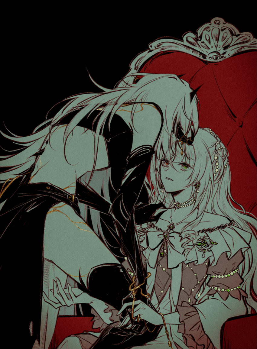 2girls, absurdres, commentary, english_commentary, heterochromia, highres, hypatia_(path_to_nowhere), looking_at_another