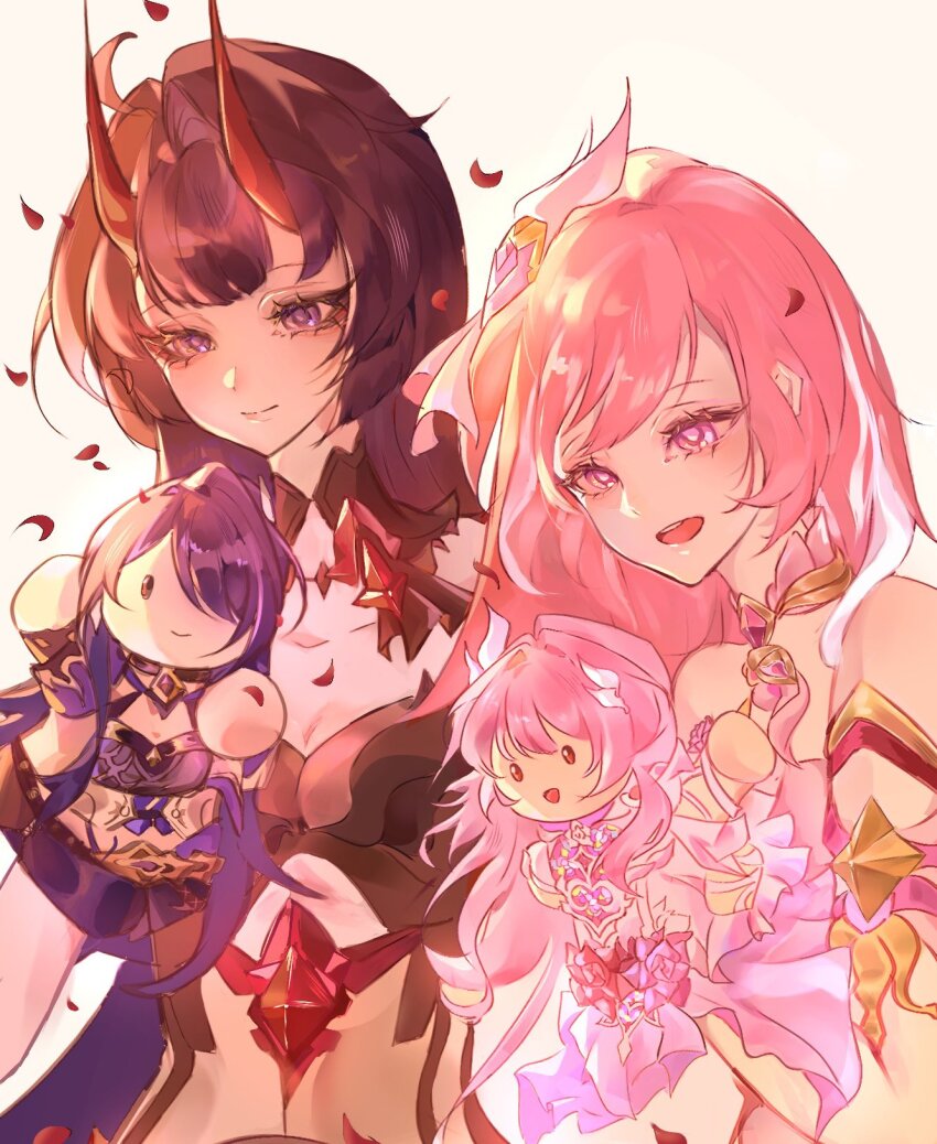 2girls, acheron_(honkai:_star_rail), breasts, character_doll, cleavage, closed_mouth, company_connection, cyrene_(demiurge)_(honkai:_star_rail), cyrene_(honkai:_star_rail), doll, elysia_(herrscher_of_human:_ego)_(honkai_impact), elysia_(honkai_impact), hashtag-only_commentary, highres, holding, holding_doll, honkai:_star_rail, honkai_(series), honkai_impact_3rd, horns, hourly_elymei, inoue_marina, large_breasts, multiple_girls, open_mouth, pink_eyes, pink_hair, purple_eyes, raiden_mei, raiden_mei_(herrscher_of_thunder), red_horns, sawashiro_miyuki, smile, voice_actor_connection, yanning