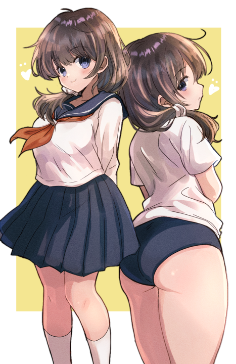 1girl, ass, back-to-back, black_buruma, black_sailor_collar, black_skirt, blue_eyes, brown_eyes, buruma, commentary_request, famicom_tantei_club, feet_out_of_frame, gym_shirt, gym_uniform, hair_over_shoulder, hamaneko29q, long_hair, low-tied_long_hair, multiple_views, pleated_skirt, sailor_collar, sailor_shirt, school_uniform, serafuku, shirt, skirt, socks, t-shirt, tachibana_ayumi, white_shirt, white_socks