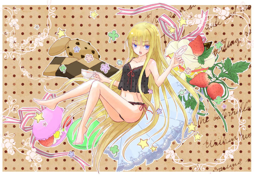 1girl, barefoot, blonde_hair, blue_eyes, camisole, checkerboard_cookie, cookie, cup