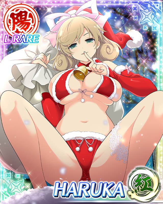 1girl, ass, bell, bikini, border, bow, breasts, bridal_gauntlets, brown_hair, card_(medium), carrying_over_shoulder, character_name, christmas, christmas_lights, curled_ends, detached_collar, finger_to_mouth, fur-trimmed_bikini, fur-trimmed_bridal_gauntlets, fur-trimmed_headwear, fur_trim, game_cg, green_eyes, hair_bow, haruka_(senran_kagura), hat, holding, holding_sack, index_finger_raised, large_breasts, looking_at_viewer, medium_hair, navel, neck_bell, night, official_art, outdoors, parted_lips, pink_bow, red_bikini, red_bridal_gauntlets, sack, santa_bikini, santa_costume, santa_hat, senran_kagura, senran_kagura_new_wave, shushing, skindentation, smile, snowing, solo, spread_legs, squatting, swept_bangs, swimsuit, thigh_strap, third-party_source