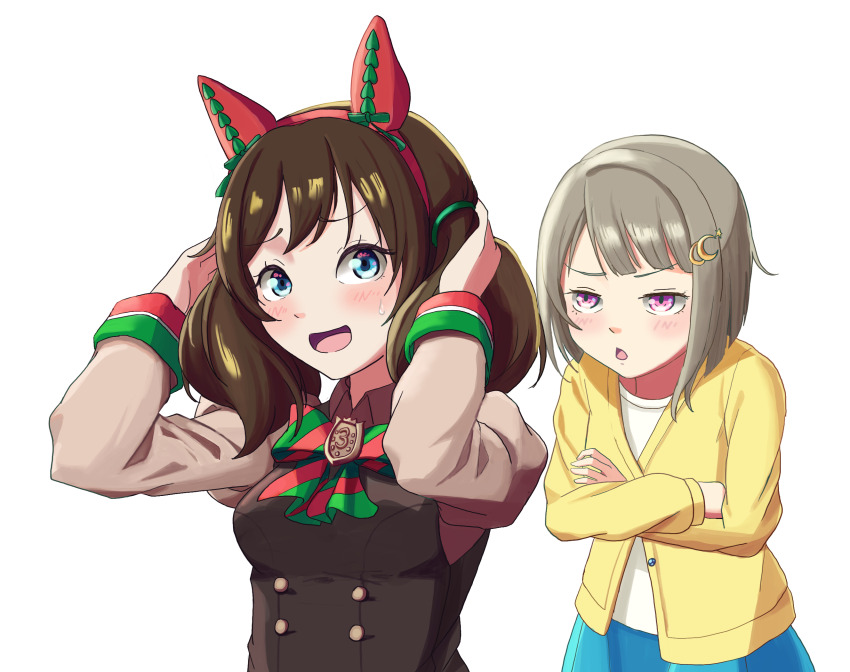2girls, animal_ears, blue_eyes, commentary_request, cosplay, fake_animal_ears, grimmyhiji, headband, highres, horse_ears, love_live!, love_live!_nijigasaki_high_school_idol_club, maeda_kaori, multiple_girls, nakasu_kasumi, nice_nature_(poinsettia_ribbon)_(umamusume), nice_nature_(umamusume), nice_nature_(umamusume)_(cosplay), osaka_shizuku, simple_background, umamusume, voice_actor_connection, white_background