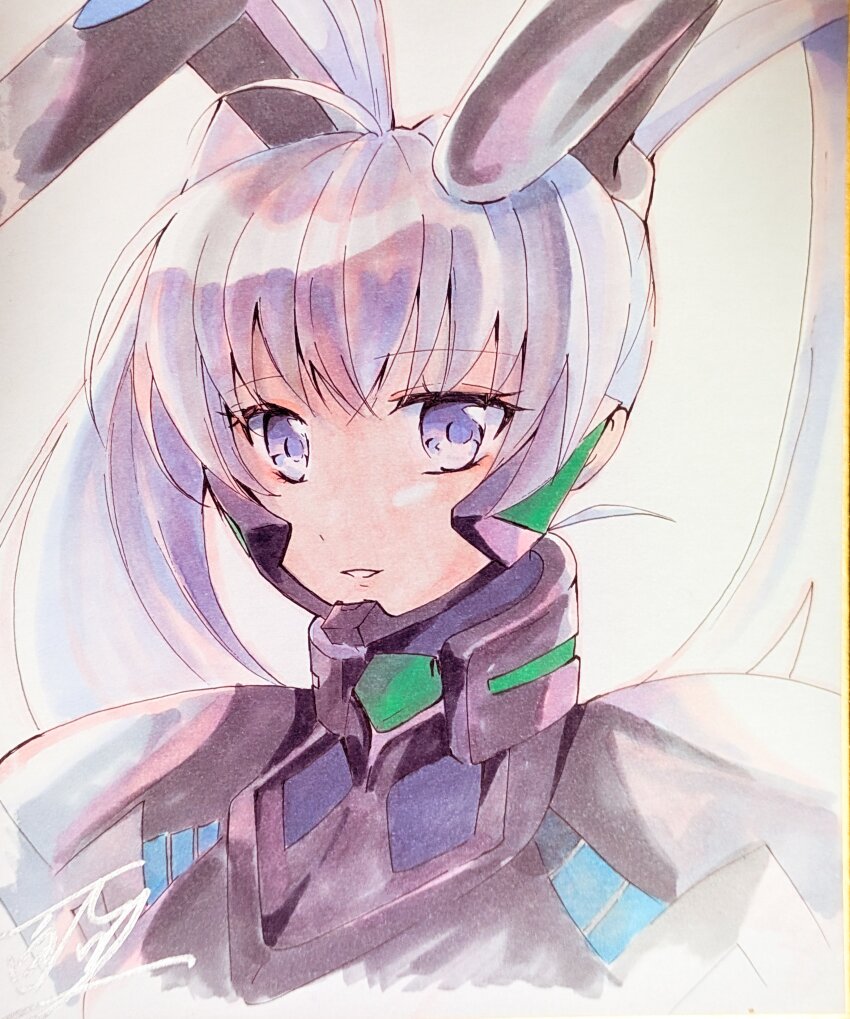 1girl, absurdres, animal_ears, armor, armored_bodysuit, black_armor, black_bodysuit, bodysuit, commentary_request, fake_animal_ears, fortified_suit, fortified_suit_(yashiro_kasumi), grey_eyes, grey_hair, highres, juliet_sleeves, lily618sound, long_hair, long_sleeves, looking_at_viewer, mecha_pilot_suit, mechanical_ears, muv-luv, muv-luv_alternative, puffy_sleeves, rabbit_ears, signature, solo, traditional_media, twintails, very_long_hair, yashiro_kasumi