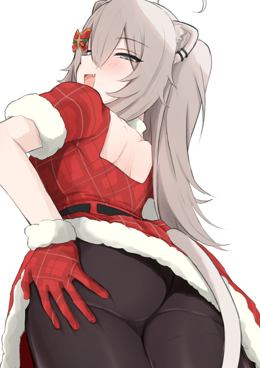 1girl, :d, absurdres, ahoge, animal_ear_piercing, animal_ears, ass, black_pantyhose