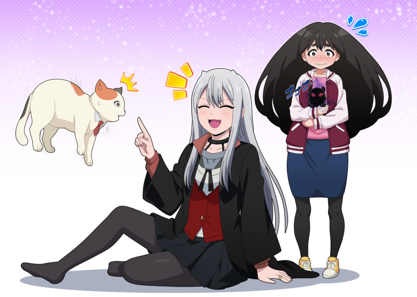 2girls, absurdres, black_jacket, black_skirt, black_thighhighs, blue_skirt, blush, breasts