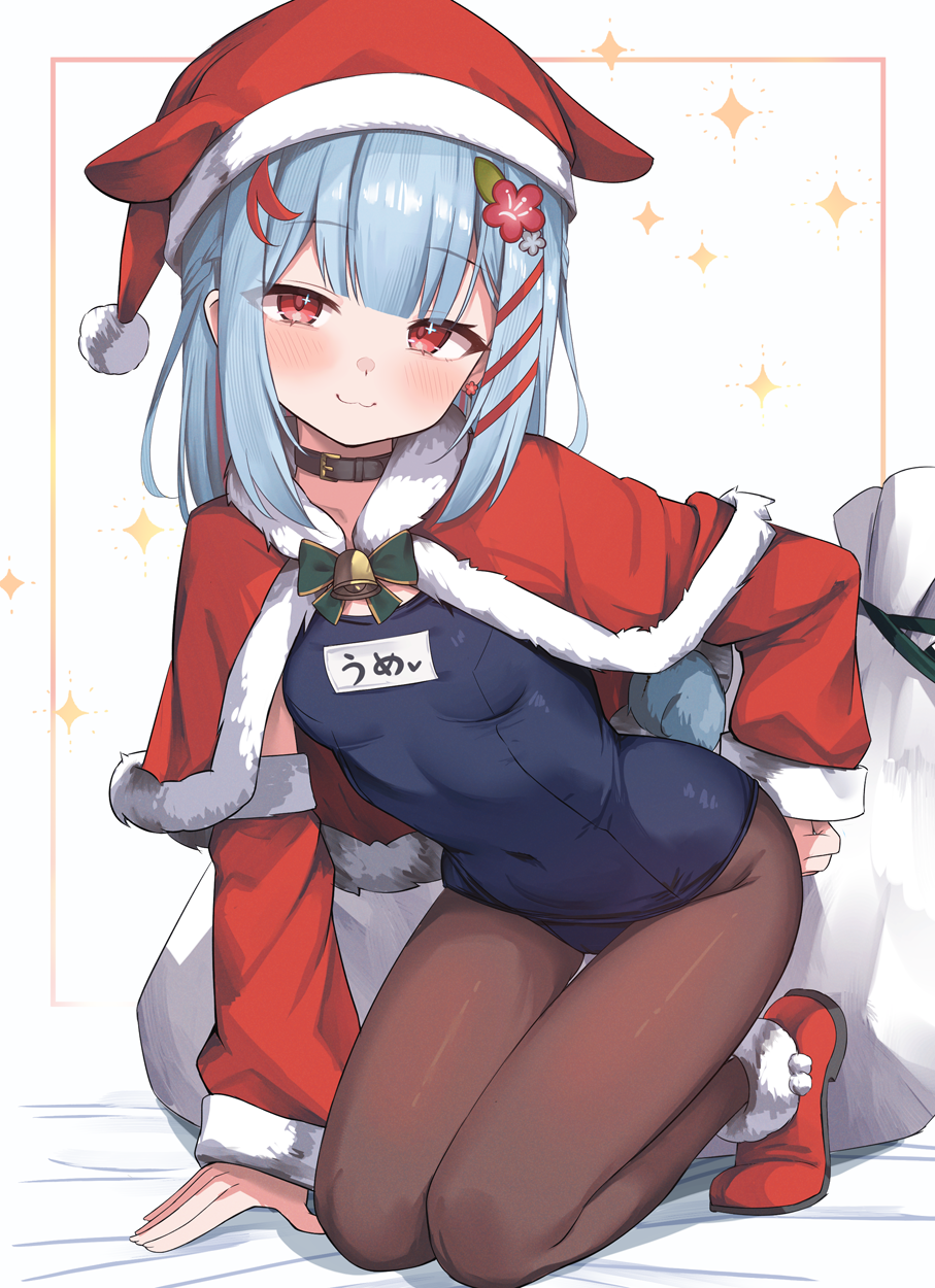 1girl, animal_ears, animal_hat, blue_hair, blue_one-piece_swimsuit, breasts, brown_pantyhose, capelet