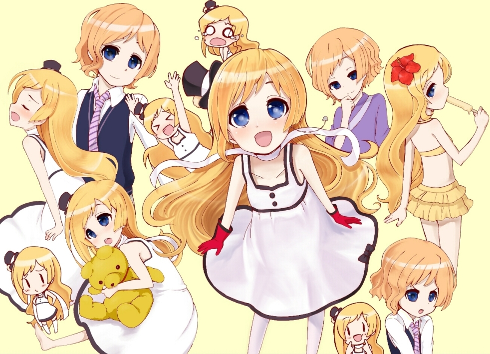 >_<, 1boy, angry, aoyagi_tamasaburou, barefoot, bikini, blonde_hair, blue_eyes, blush, bokutachi_otoko_no_musume, closed_eyes, crossdressing, crossdressing_(mtf), dress, food, frown, hat, long_hair, male_focus, multiple_persona, o_o, open_mouth, popsicle, scarf, short_hair, smile, solo, stuffed_animal, stuffed_toy, swimsuit, teddy_bear, thighhighs, trap, tutujiji, white_thighhighs