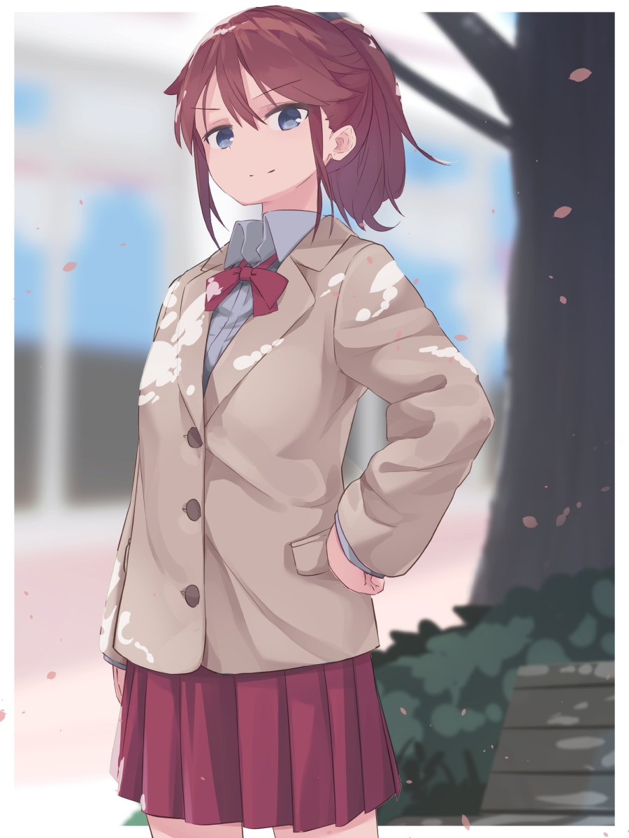 1girl, blazer, blurry, blurry_background, border, bow, bowtie, brown_hair