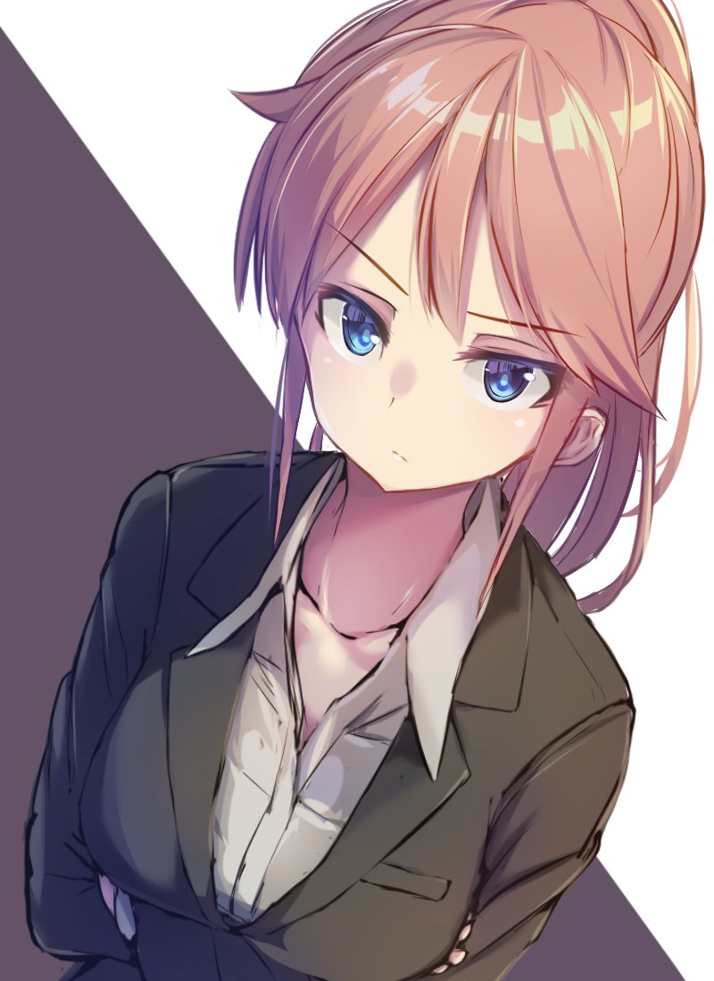 1girl, black_jacket, blue_eyes, brown_hair, closed_mouth, commentary_request, crossed_arms, from_above