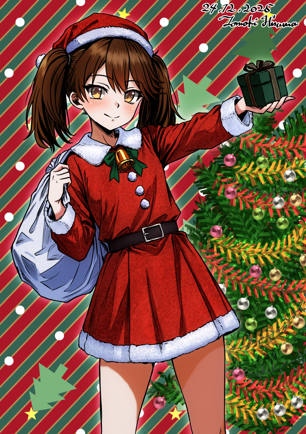 1girl, bell, belt, black_belt, box, brown_eyes, brown_hair, christmas