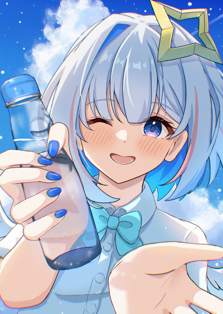 1girl, absurdres, akagawashake, amane_kanata, aqua_bow, aqua_bowtie, blue_nails, blush