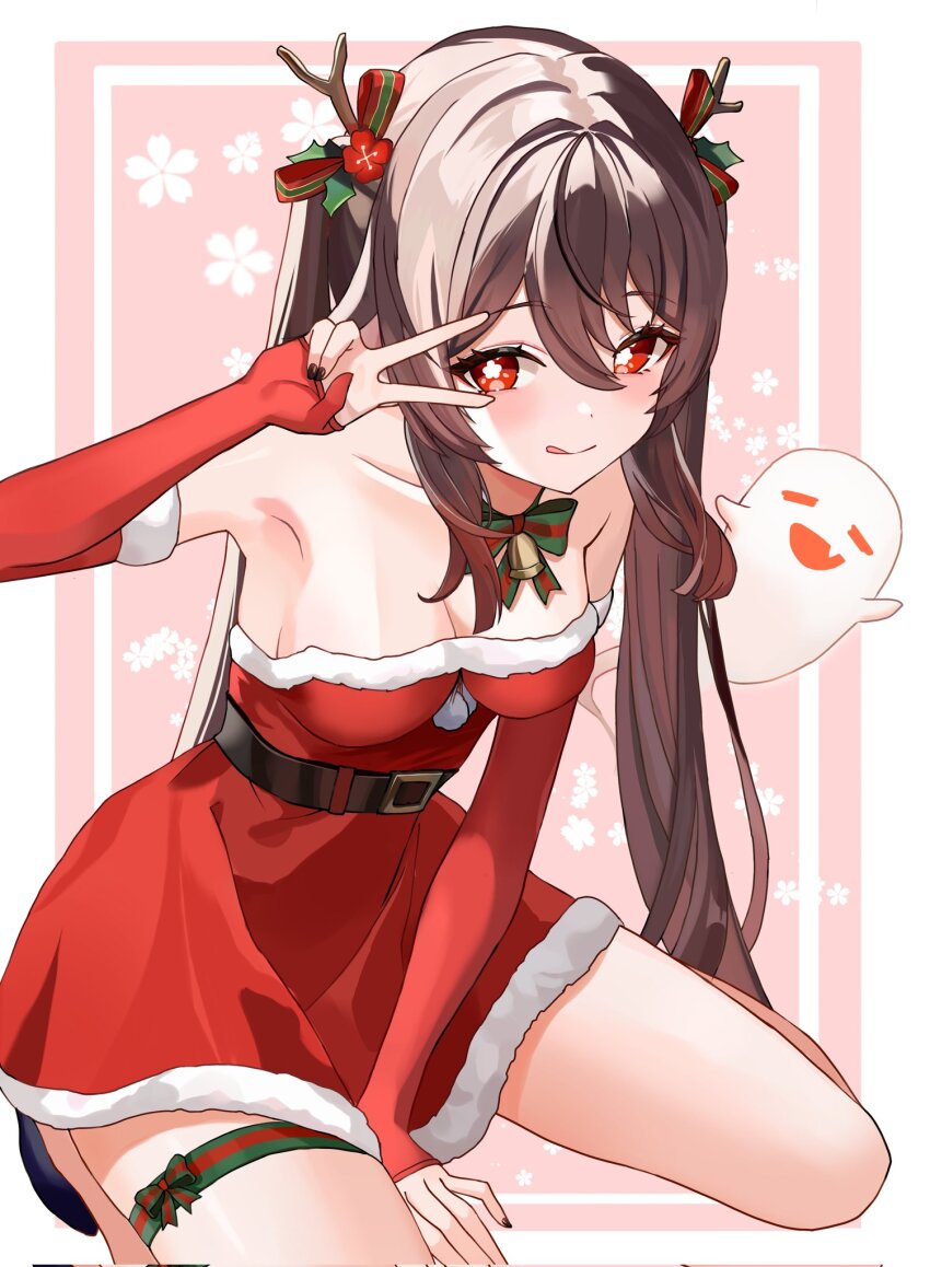 1girl, alternate_costume, bare_shoulders, bell, belt, black_belt, boo_tao_(genshin_impact), bow, bowtie, bright_pupils, brown_hair, collarbone, commentary, detached_sleeves, dress, flower-shaped_pupils, fur-trimmed_dress, fur-trimmed_sleeves, fur_trim, genshin_impact, hashtag-only_commentary, highres, hu_tao_(genshin_impact), kima_(jp4g6kfhb842057), leg_ribbon, licking_lips, long_hair, looking_at_viewer, neck_bell, red_dress, red_eyes, ribbon, santa_costume, santa_dress, sitting, sleeveless, sleeveless_dress, solo, strapless, strapless_dress, symbol-shaped_pupils, thigh_ribbon, tongue, tongue_out, twintails, v, white_pupils