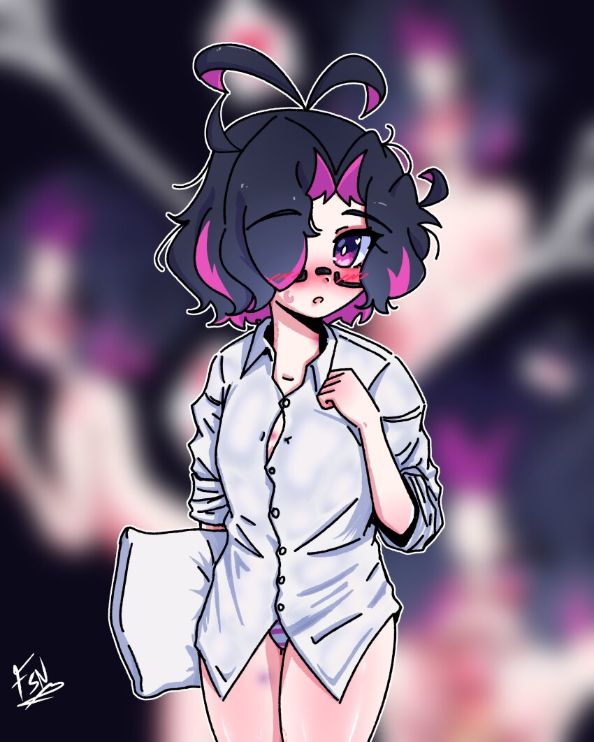 1girl, absurdres, ahoge, blurry, blurry_background, blush, censored, flat_chest