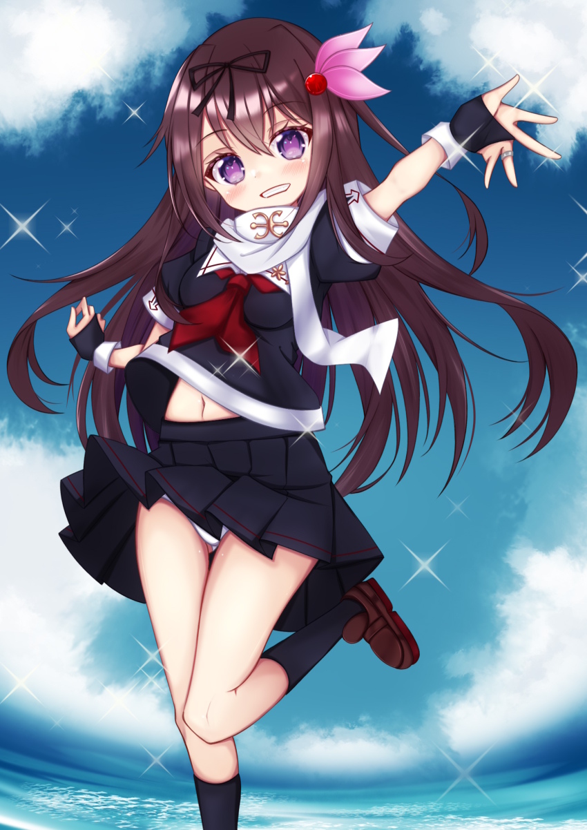 1girl, black_serafuku, blue_sky, blush, breasts, brown_hair, cloud, commentary_request