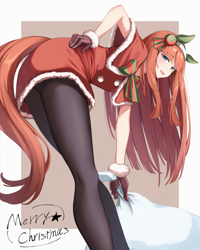 1girl, absurdres, animal_ears, bent_over, black_pantyhose, blue_eyes, blunt_bangs, blush, bow, brown_gloves, capelet, christmas, dress, ear_covers, fur-trimmed_capelet, fur-trimmed_dress, fur-trimmed_gloves, fur_trim, gloves, green_eyes, hairband, highres, hime_cut, holding, holding_sack, horse_ears, horse_girl, horse_tail, kirino_mist, leaning_forward, long_hair, open_mouth, orange_hair, pantyhose, red_capelet, red_dress, sack, santa_costume, santa_dress, silence_suzuka_(umamusume), smile, solo, tail, umamusume, white_hairband