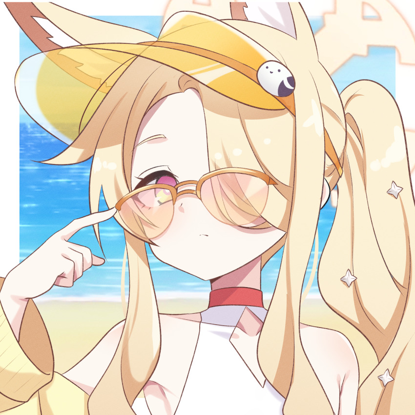1girl, absurdres, animal_ears, bare_shoulders, beach, blonde_hair, blue_archive, breasts