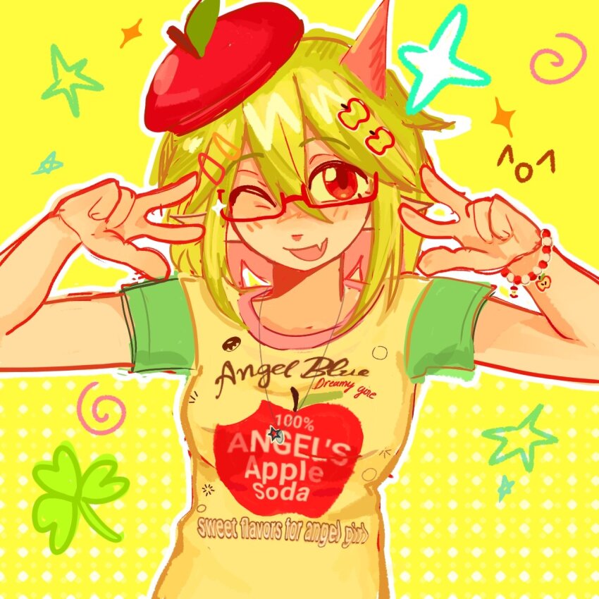 1girl, alternate_costume, bead_bracelet, beads, beret, bracelet, clothes_writing, dummamay