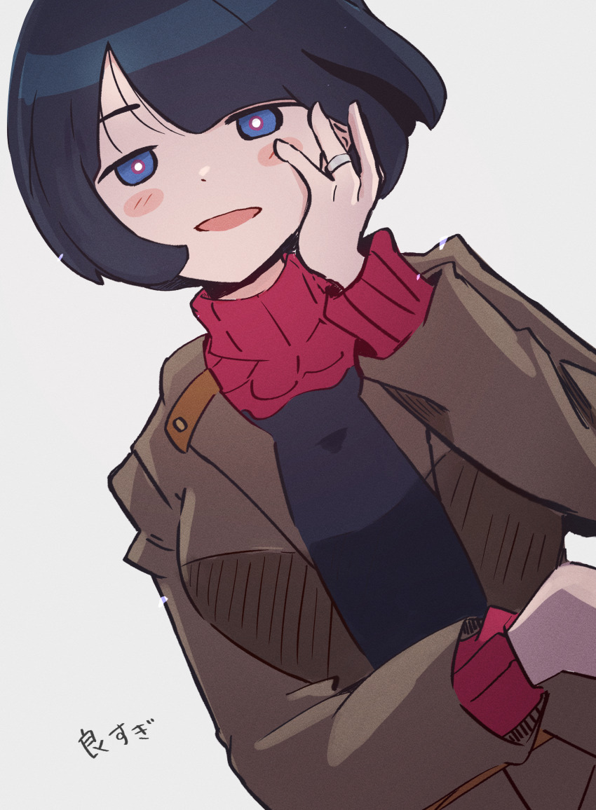 1girl, absurdres, black_hair, blue_eyes, brown_jacket, commentary, commentary_request, dutch_angle, grey_background, gundam, gundam_gquuuuuux, highres, jacket, jewelry, looking_at_viewer, open_mouth, piyodein_(katsugo), red_sweater, ring, shiiko_sugai, short_hair, simple_background, solo, sweater, turtleneck, turtleneck_sweater