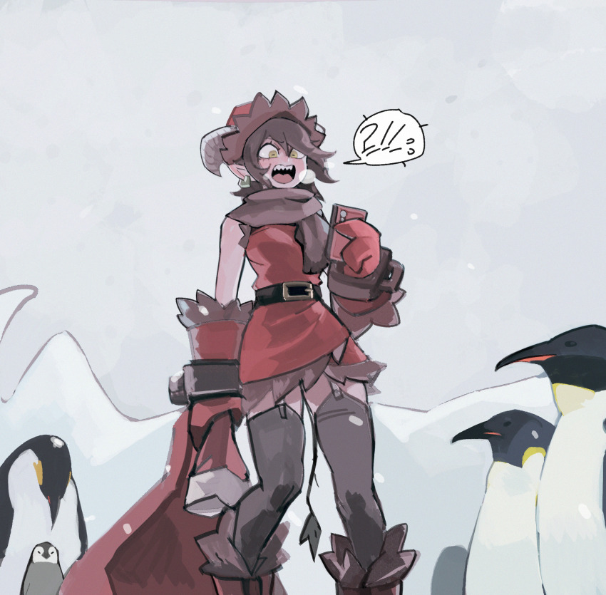 !?, 1girl, 33dot, belt, bird, black_belt, brown_scarf, cellphone