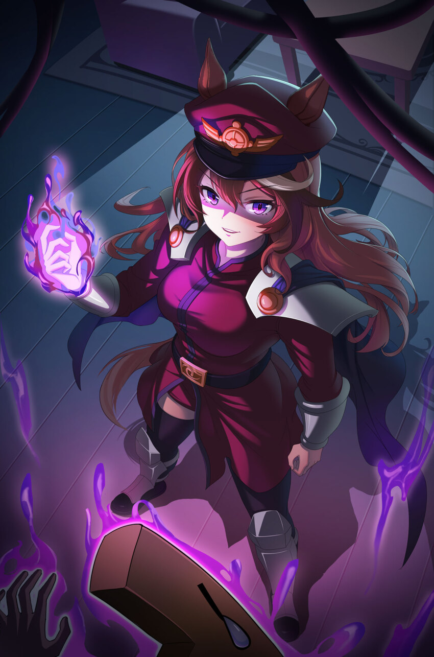 1girl, 1other, animal_ears, armor, aura, black_thighhighs, breasts, brown_hair