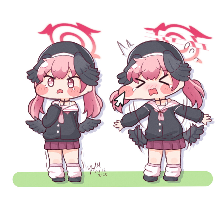 >_<, 1girl, beret, black_wings, blue_archive, blush, blush_stickers, cheek_pull