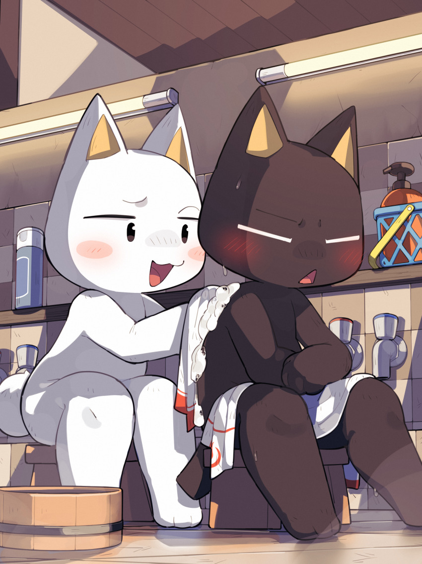 2boys, :3, aaarkgkaaa, absurdres, animal_ears, black_eyes, black_fur, blush_stickers, cat_boy, cat_ears, cat_tail, chibikemo, closed_eyes, commentary_request, completely_nude, doko_demo_issyo, furry, furry_male, highres, indoors, inoue_toro, jitome, kuro_(doko_demo_issyo), male_focus, multiple_boys, naked_towel, nude, open_mouth, same-sex_bathing, shared_bathing, sitting, tail, towel, washing_another, washing_back, white_fur, yaoi
