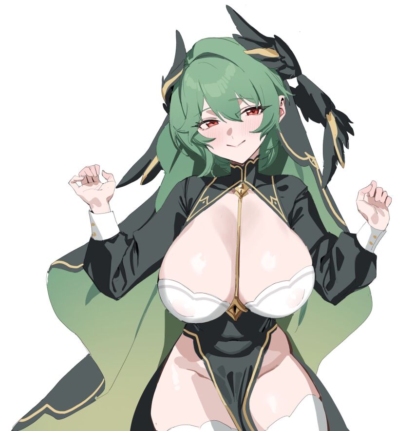 1girl, banssee, black_dress, breasts, closed_mouth, commentary_request, cowboy_shot, dress