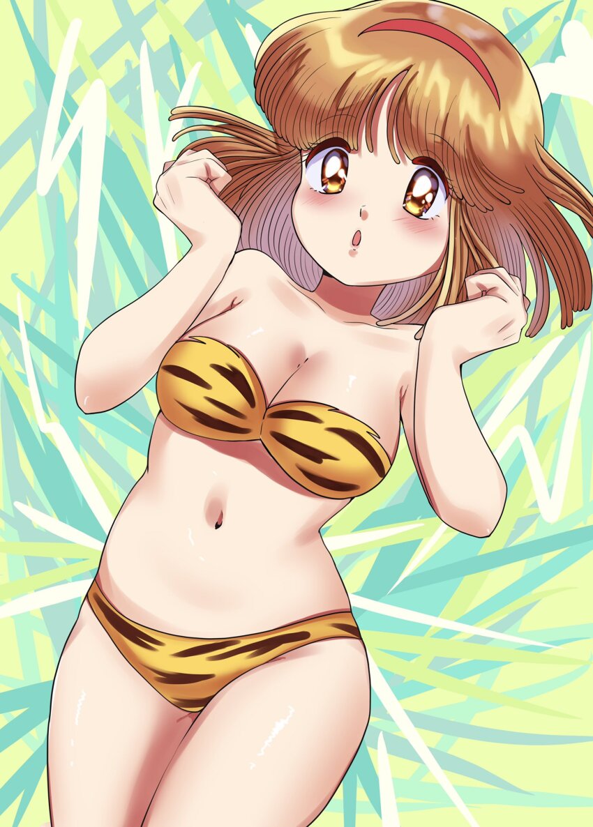 1girl, :o, animal_print, bikini, breasts, brown_eyes, brown_hair, cleavage