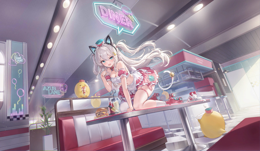 1girl, absurdres, all_fours, animal_ears, apron, asymmetrical_legwear, azur_lane, bare_shoulders