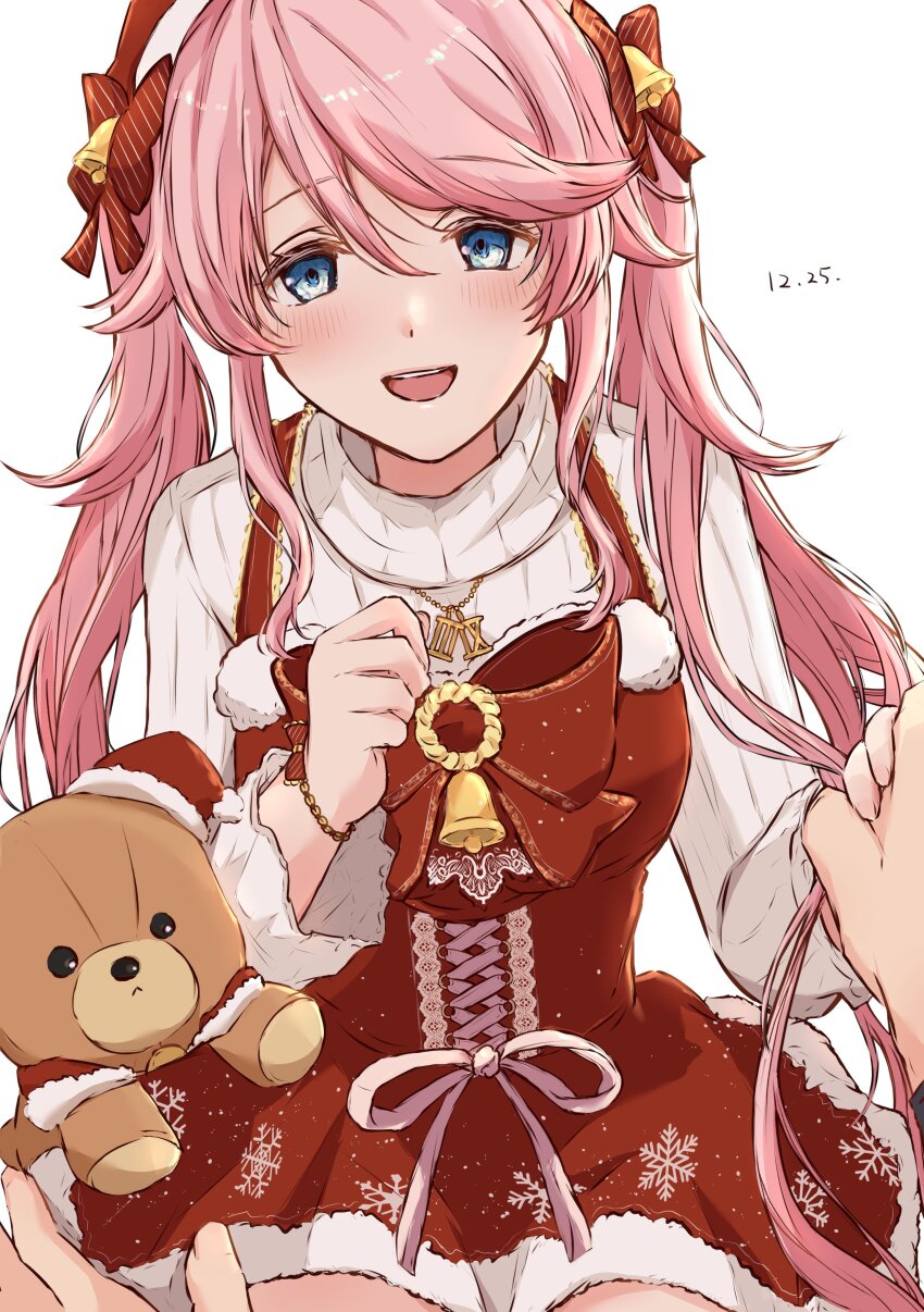 1girl, absurdres, blue_eyes, commentary_request, dress, eiyuu_densetsu, hajimari_no_kiseki, highres, holding, holding_stuffed_toy, holding_toy, kuro_no_kiseki, kuro_no_kiseki_(series), kuro_no_kiseki_ii, long_hair, looking_at_viewer, merry_christmas, nadia_rayne, open_mouth, pink_hair, polly_(cott), santa_costume, santa_dress, stuffed_animal, stuffed_toy, teddy_bear, toy, twintails