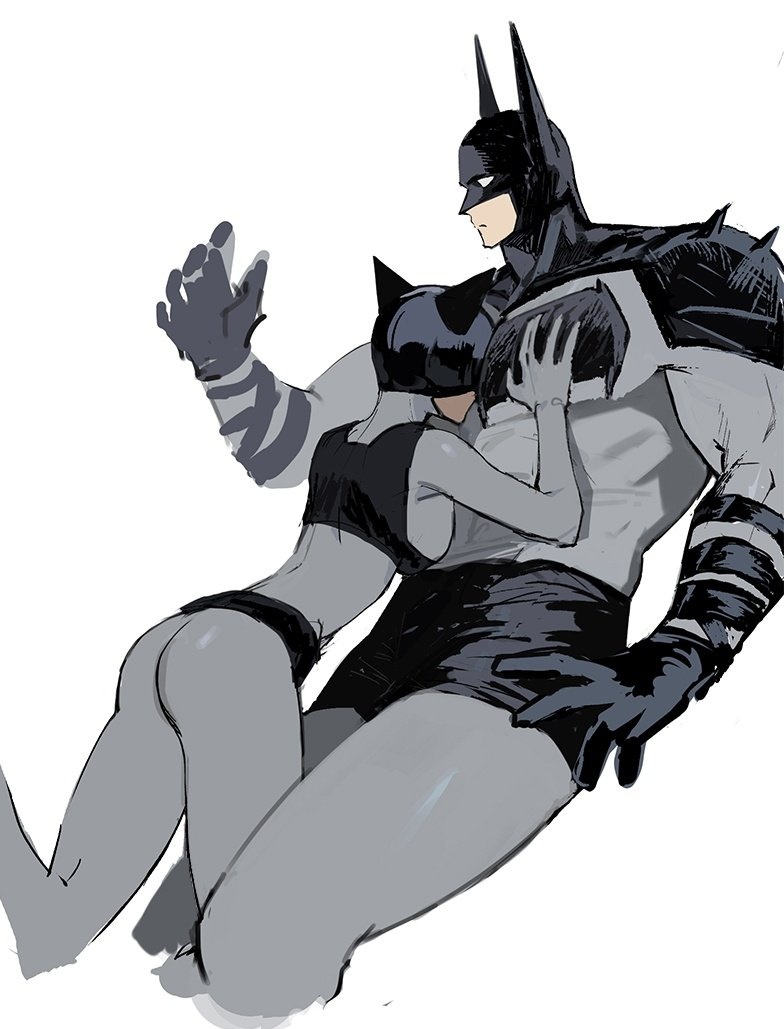 1boy, 1girl, absolute_batman, absolute_dc, back_spikes, bat_mask, batman, batman_(series), batman_symbol, between_pectorals, bodysuit, catwoman, commentary, couple, cowl, dc_comics, english_commentary, large_pectorals, muscular, muscular_male, pectorals, superhero_costume, tjfclfb