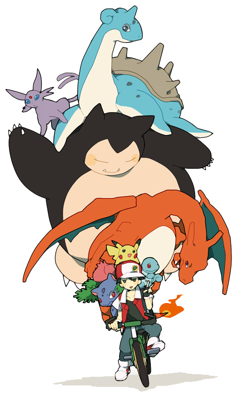 1990s_(style), 1boy, baseball_cap, bicycle, bulbasaur, charizard, czes, dotabata, espeon, fire, flame-tipped_tail, gen_1_pokemon, gen_2_pokemon, hat, ivysaur, lapras, male_focus, nintendo, on_head, pikachu, pokemon, pokemon_(creature), pokemon_on_head, pokemon_red/green/blue/yellow, red_(pokemon), retro_artstyle, simple_background, snorlax, squirtle, super_smash_bros., tail, v