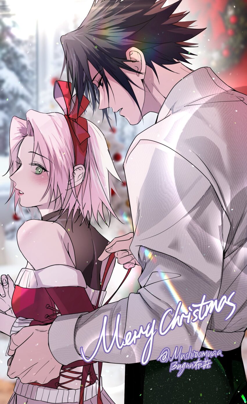 1boy, 1girl, bare_shoulders, black_hair, black_pantyhose, black_shirt, breasts, christmas, christmas_ornaments, couple, green_eyes, hairband, haruno_sakura, hetero, highres, medium_breasts, merry_christmas, mushroomuaa, naruto_(series), naruto_shippuuden, off-shoulder_shirt, off_shoulder, pantyhose, parted_lips, pink_hair, red_hairband, red_shirt, shirt, short_hair, twitter_username, uchiha_sasuke, upper_body, white_shirt, winter