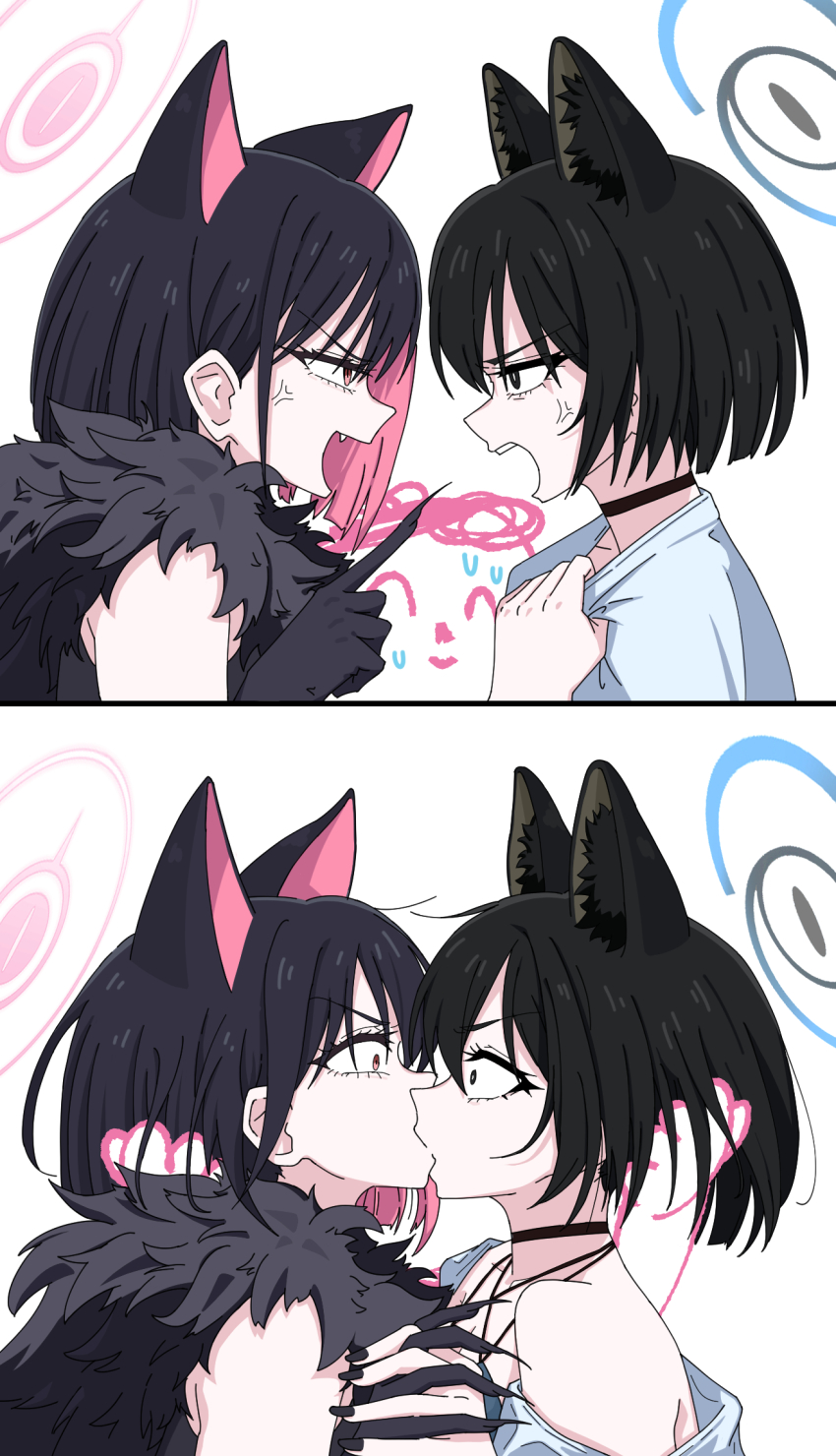 1boy, 2girls, anger_vein, animal_ears, arguing, black_choker, black_gloves, black_hair, blue_archive, cat_ears, choker, colored_inner_animal_ears, colored_inner_hair, commentary_request, doodle_sensei_(blue_archive), extra_ears, forced_kiss, fur-trimmed_gloves, fur_trim, gloves, halo, highres, holding_hands, kazusa_(blue_archive), kazusa_(halloween)_(blue_archive), kiss, korean_commentary, multicolored_hair, multiple_girls, obesity8044, official_alternate_costume, open_mouth, pink_hair, pink_halo, red_eyes, sensei_(blue_archive), short_hair, simple_background, surprised, sweatdrop, two-tone_hair, werewolf_costume, white_background, yuri