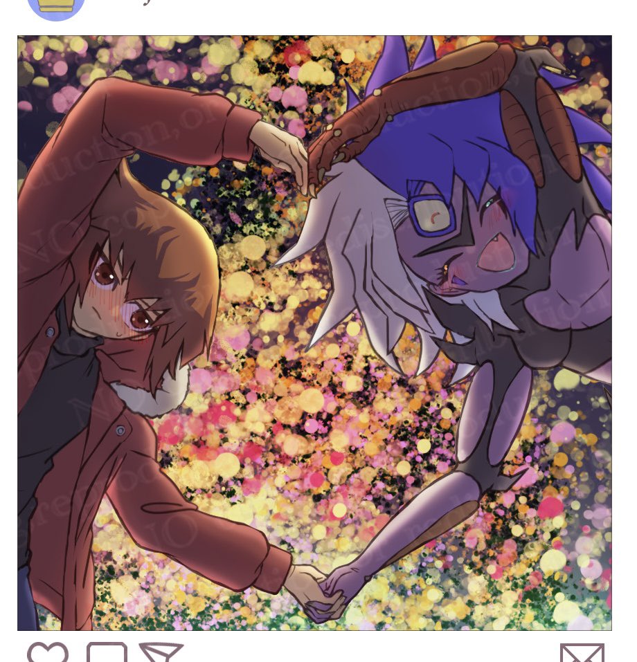 1boy, 1girl, black_shirt, blue_hair, blue_lips, blush, breasts, brown_eyes